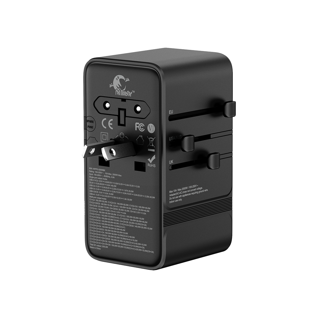 RedMonster World Plug GaN PD 205W Travel Adapter with 2M C Cable