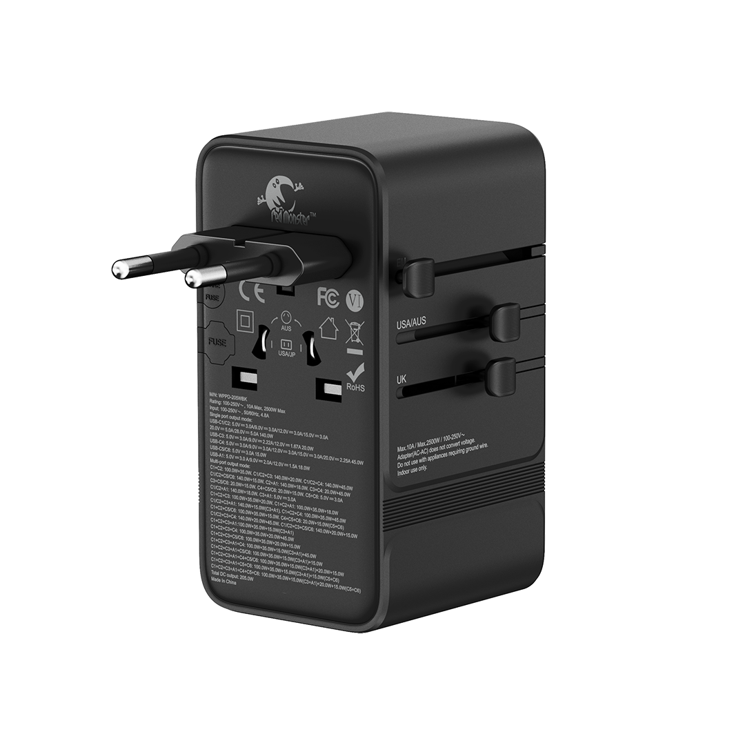 RedMonster World Plug GaN PD 205W Travel Adapter with 2M C Cable