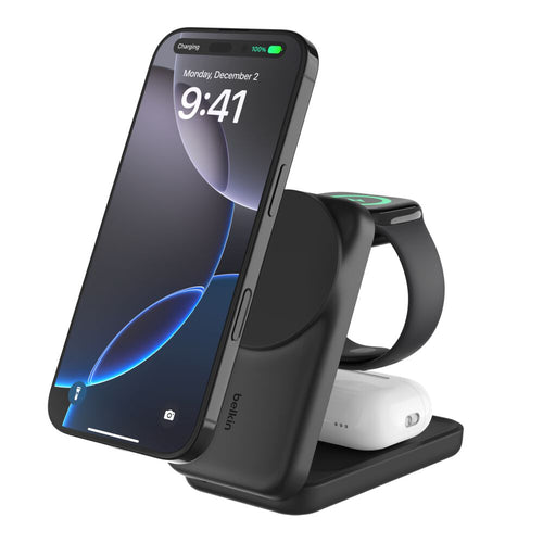 Belkin WIZ036myBK UltraCharge 3-in-1 Foldable Magnetic Charger with Qi2 25W (Square Form)