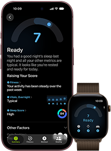 iPhone 18 Pro, black, front exterior, displaying the results of the Readiness status (score of 7), paired with Apple Watch, front facing, brown, displaying the same Readiness score of 7