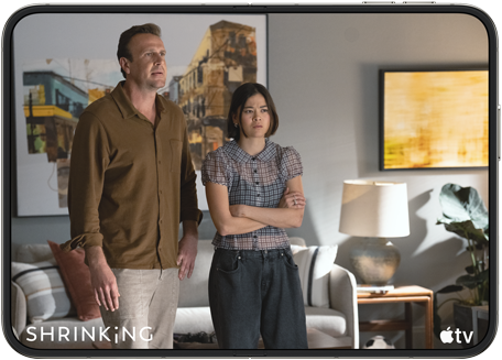 iPhone&nbsp;Duo, opened in horizontal position, Apple&nbsp;TV show &ldquo;Shrinking&rdquo; plays on screen