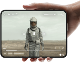 iPhone&nbsp;Duo, held with one hand, opened in horizontal orientation, fully unfolded, interior screen displays Apple&nbsp;TV show &ldquo;Silo&rdquo;