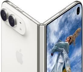 iPhone&nbsp;Duo, partially open like a book with hinge mechanism in the centre, exterior back panel on the left features an Apple logo and dual-camera, outer display on the right shows a portrait photo of a person with blonde hair