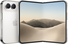 iPhone [V68], folded back exterior, [L8] colour, Dual Fusion camera system at top left, Apple logo in centre. Unfolded interior display, all-screen design, rounded corners