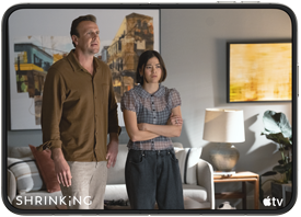 iPhone&nbsp;Duo, opened in horizontal position, Apple&nbsp;TV show &ldquo;Shrinking&rdquo; plays on screen
