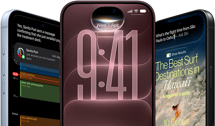 3 iPhone 18 Pro devices in Glacier, Burgundy and Black, front exterior, screens show Siri AI integration in lock screen, Message Summary and Ask Siri
