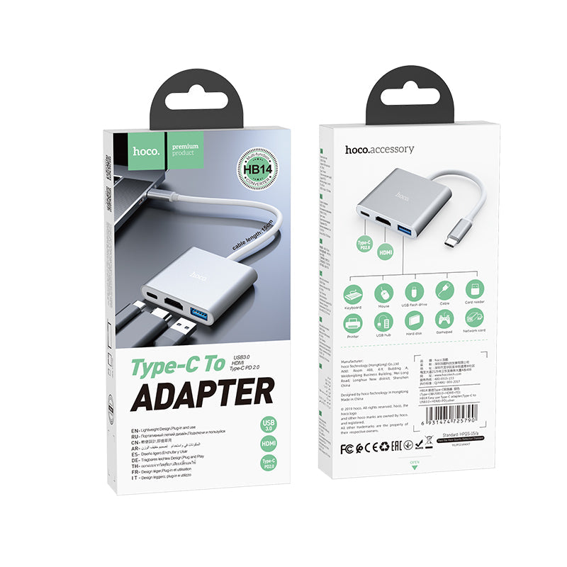 Hoco HB14 USB-C to USB3.0+HDMI+PD Adapter (Silver)