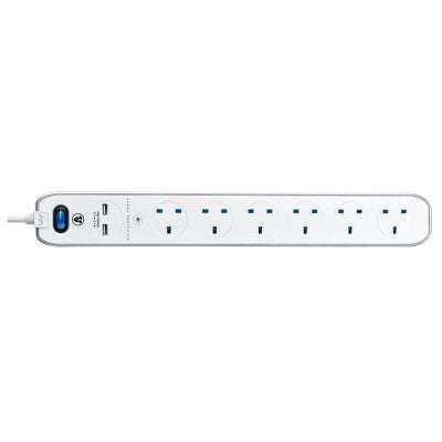 Masterplug SRGLSU63PW-MPA 6 Socket In-Line Surge+2USB Switch