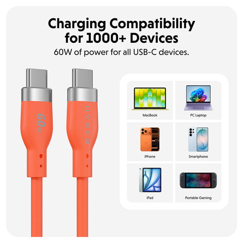HyperJuice 60W USB-C Silicone Charging Cable - Orange